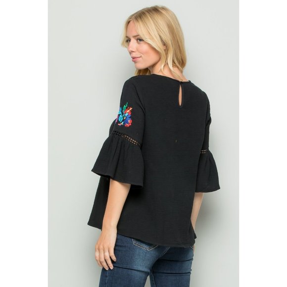 See and Be Seen Embroidered Bell Sleeve Top, Black - Picture 4 of 5